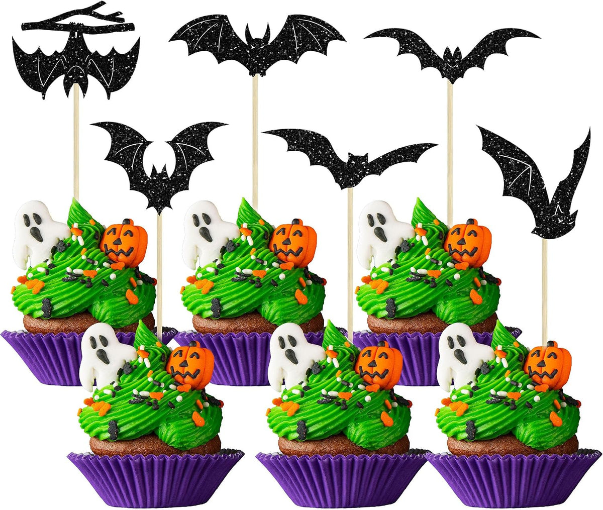 Gyufise 24Pcs Halloween Bat Cupcake Toppers Black Glitter Bat - Black With Glitter - image 3