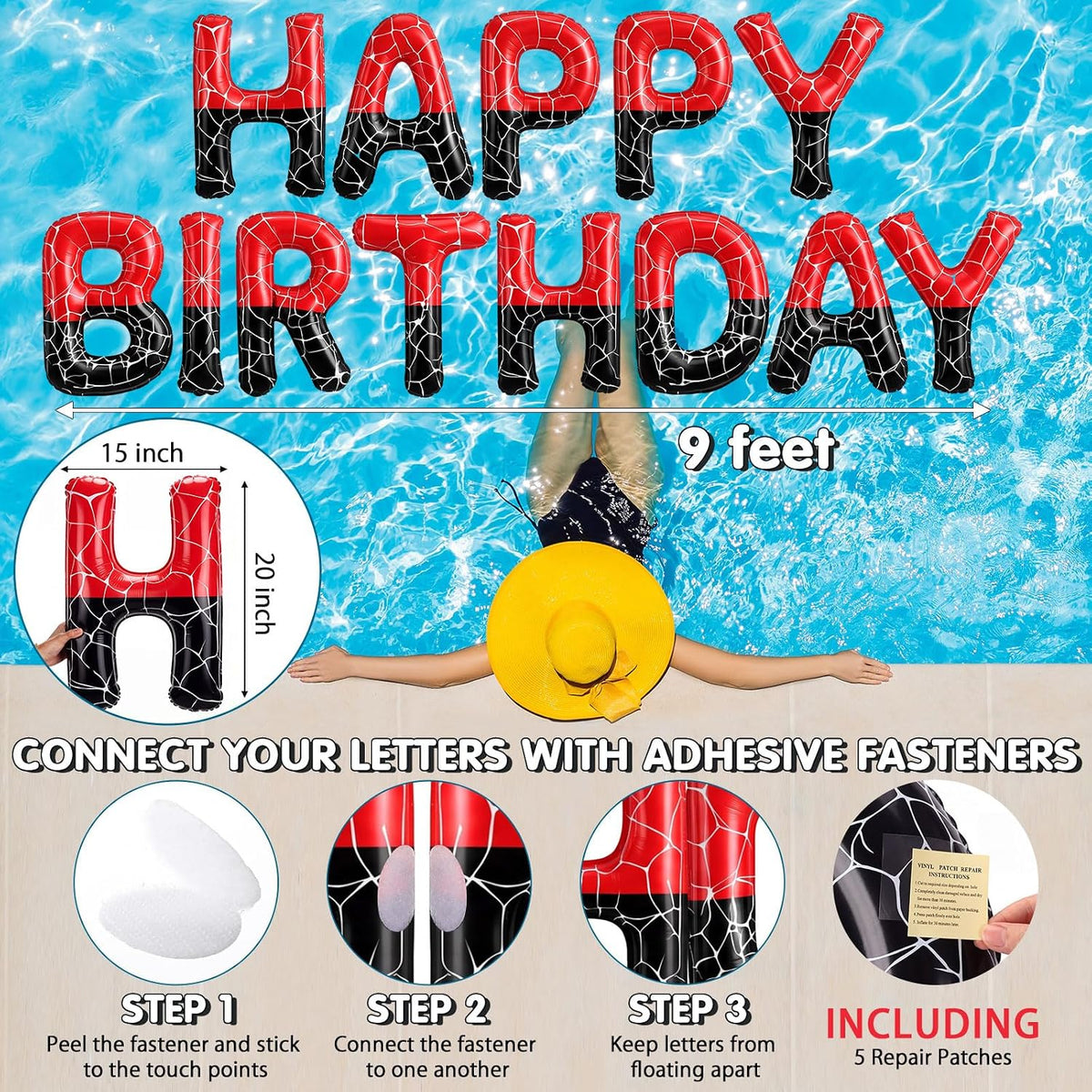 Shappy Happy Birthday Pool Floats Balloon – Fun for Kids & Family - Red, Blue and Black / 20'' / Spider - image 2