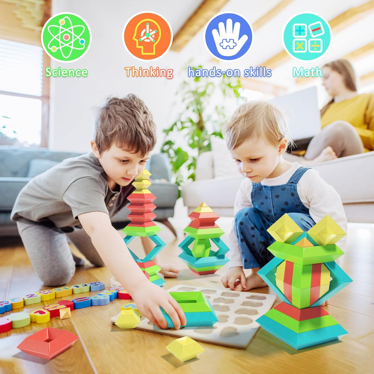 Ggiibro sorting stacking toys, 40 colorful pyramid blocks with storage box - view 4