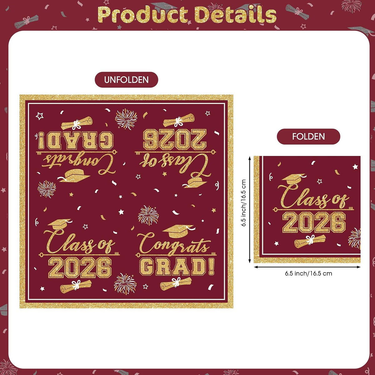 PERFQU Class of 2026 graduation napkins in blue and gold with cap and tassel design - view 21