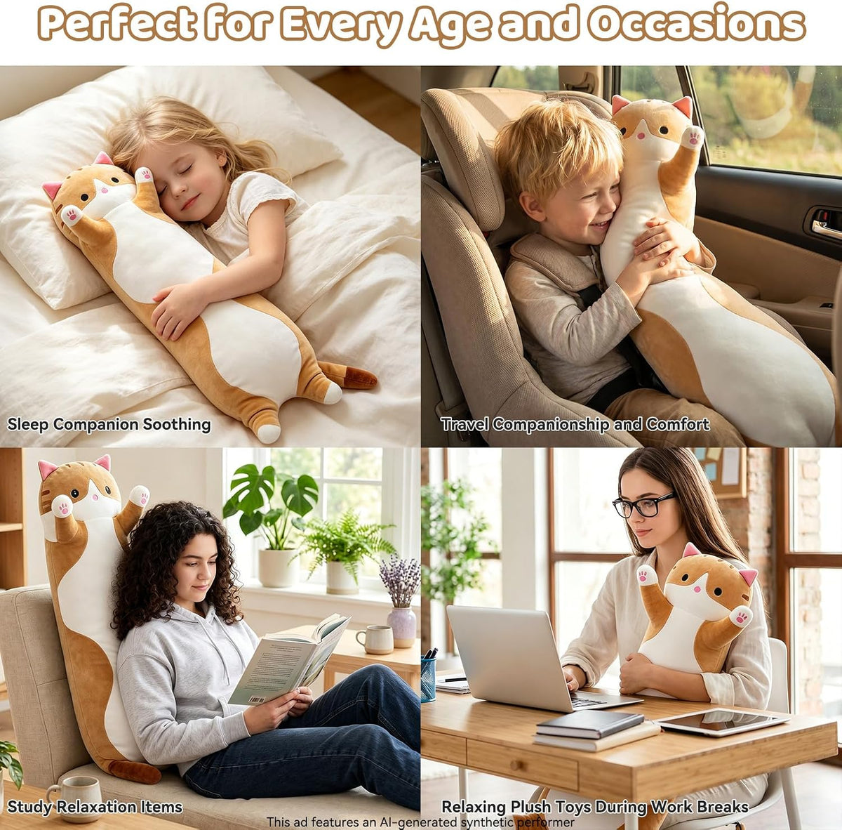 Cute Long Cat Plush Body Pillow, Soft Stuffed Animals 19.7 Inch – Fun for Kids & Family - Brown / 27.5 inches - image 3