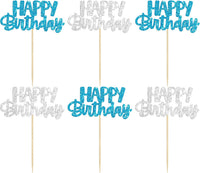 Gyufise 24Pcs Happy Birthday Cupcake Toppers Gold Glitter Celebrating - Blue Silver - image 3