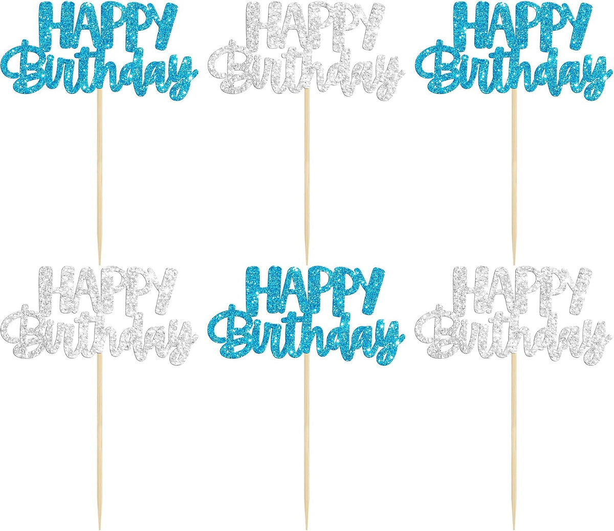 Gyufise 24Pcs Happy Birthday Cupcake Toppers Gold Glitter Celebrating - Blue Silver - image 3