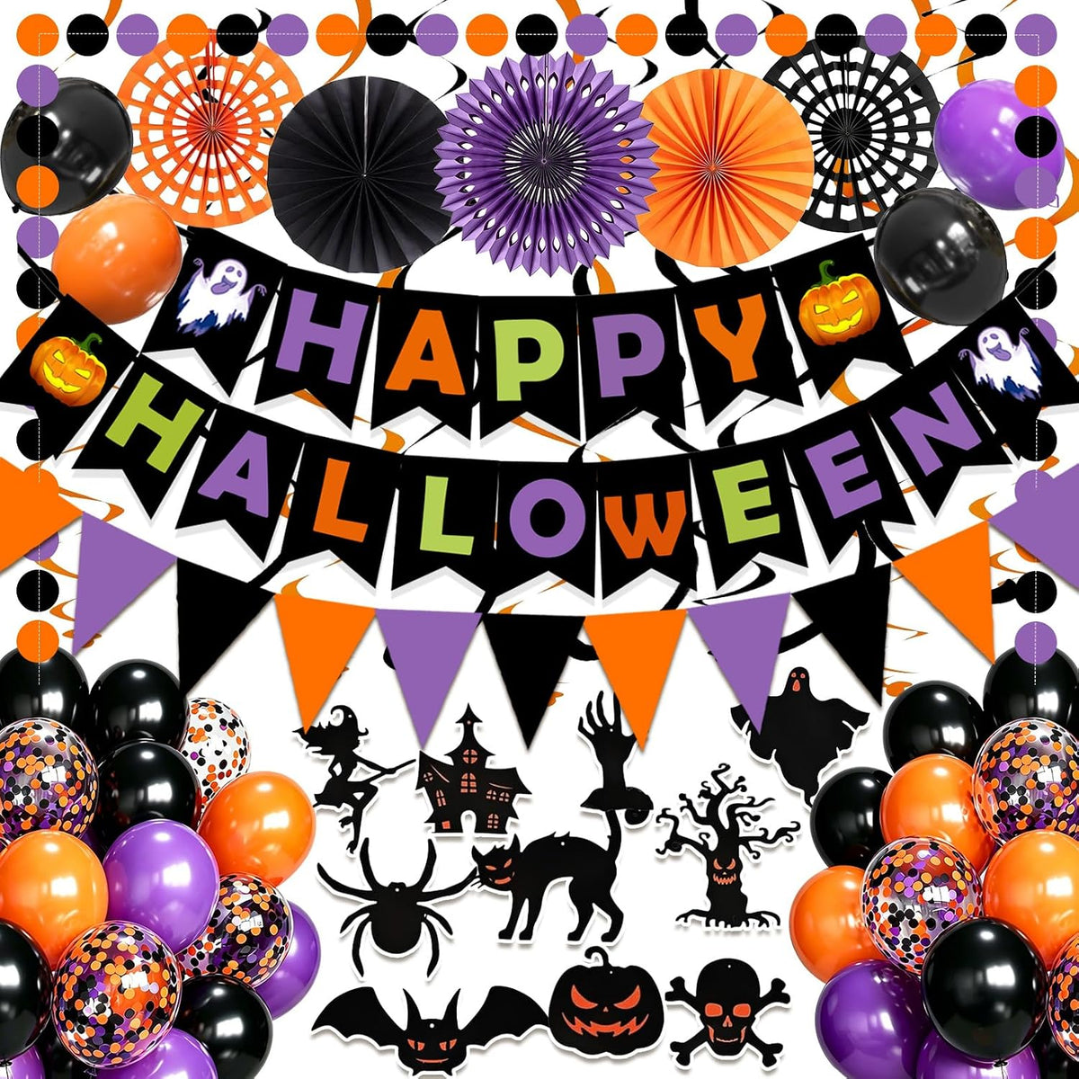Fecedy Happy Halloween Banner Triangular bunting Paper flower fans - Halloween,multicolor,black,orange,purple