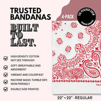 Premium Soft Cotton Bandanas Pack for Men and Women Paisley 22 x 22 - Pack of 4 White Red - image 2