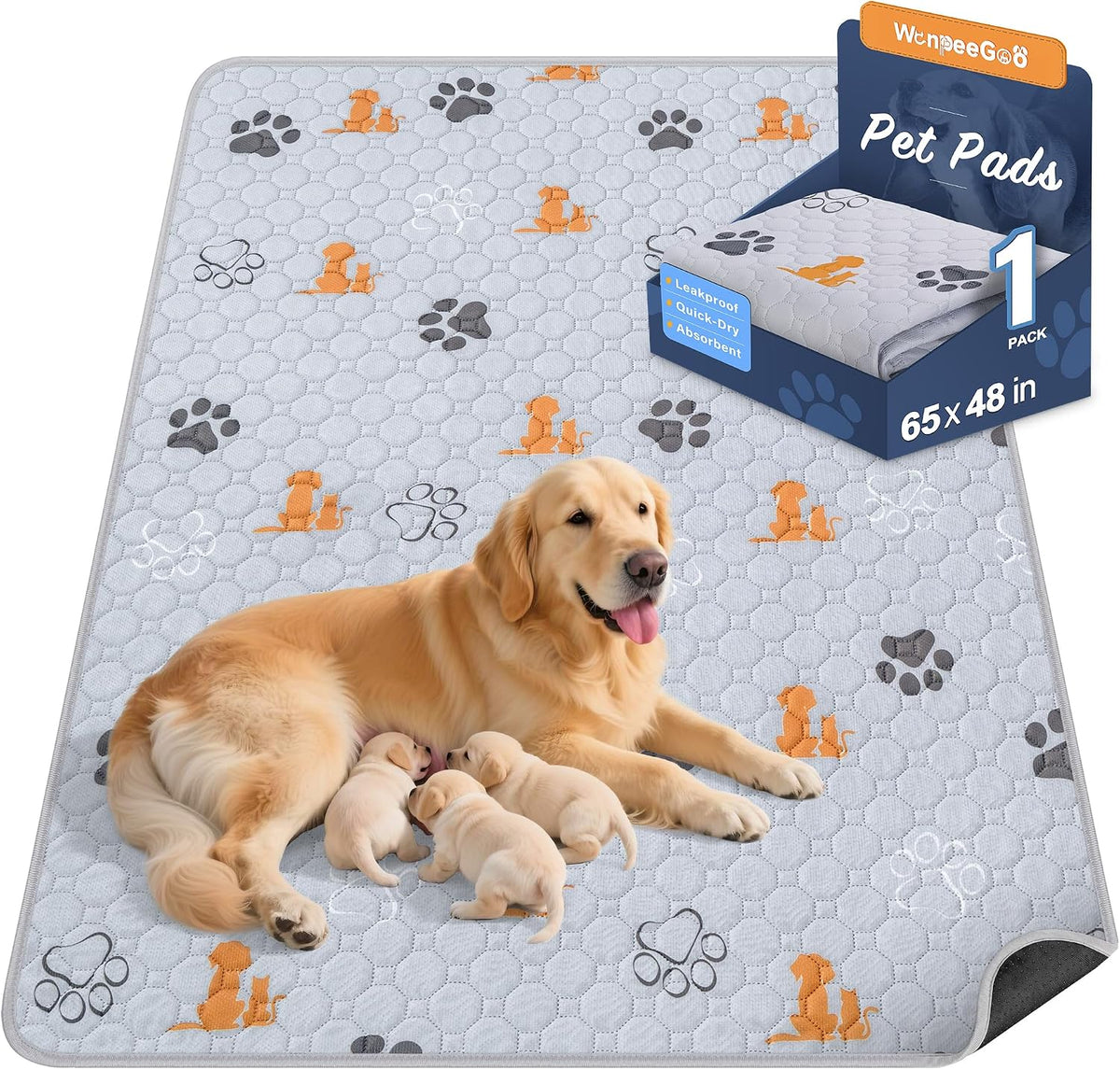Washable Pee Pads for Dogs, Waterproof - Orange / 65"x48" (Pack of 1)