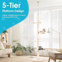 Cat Tree 5-Tier Floor to Ceiling, 89-109 Inch Adjustable Height Cat Tower with Cozy Hammock, Cat Climbing Tree for Indoor Cats, Beige