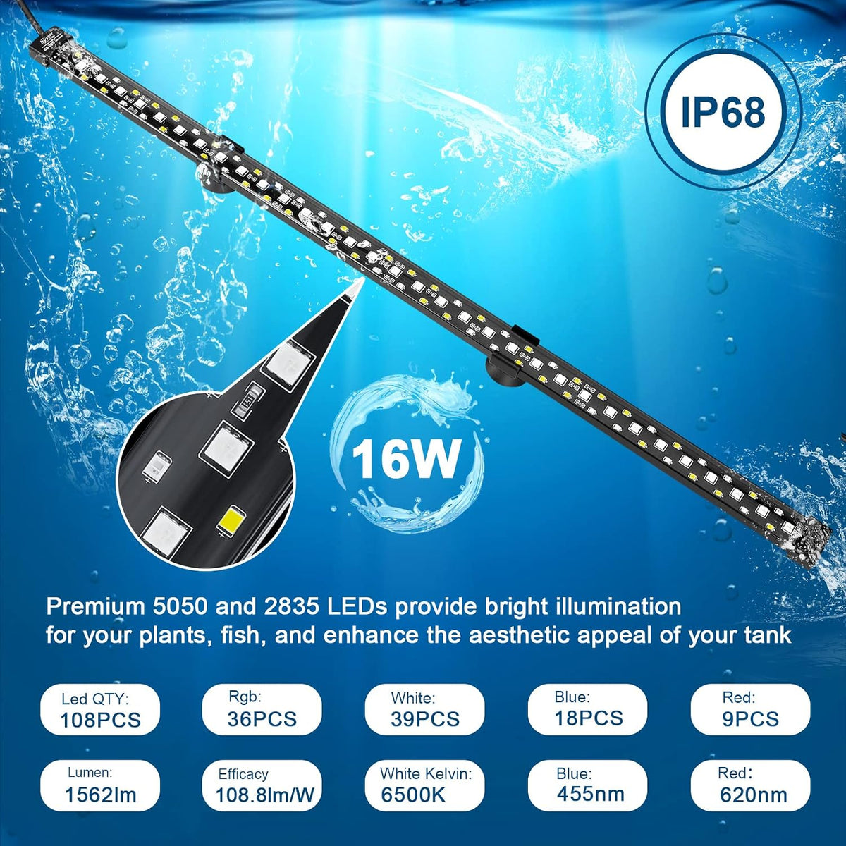 hygger 24/7 Mode Submersible Aquarium LED Light - 27.4in 16W - image 3