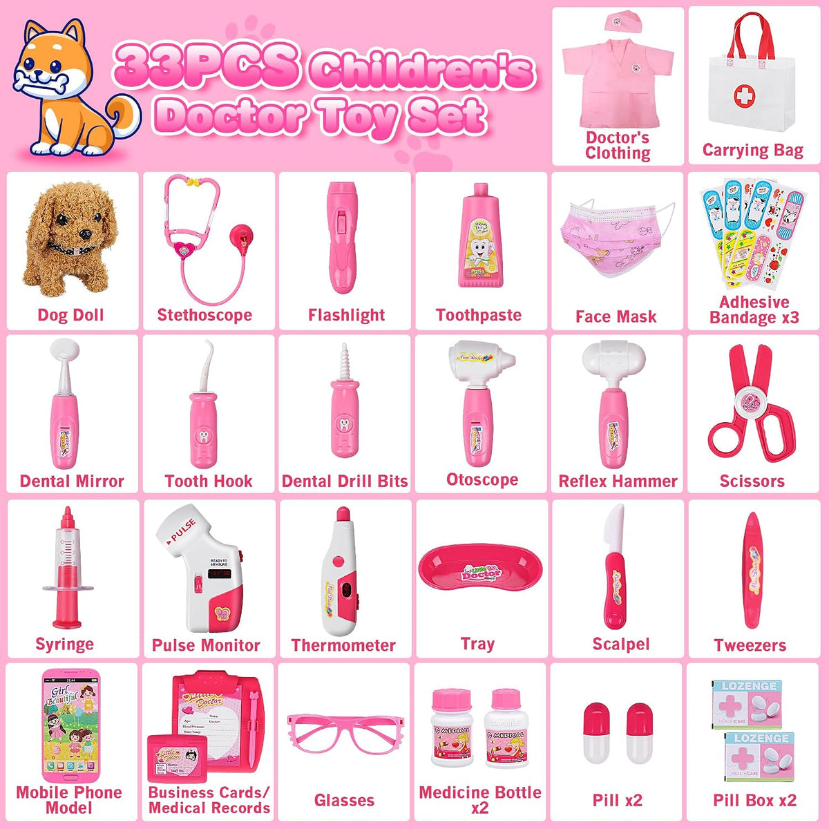 33PCS Toy Doctor Kit for Girls - Pink with Dog Toy - image 2