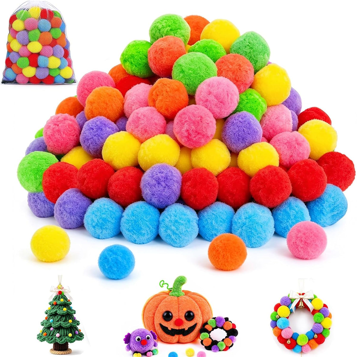 Zddaoole 120 large craft pom poms in red, blue, green, purple, orange and yellow