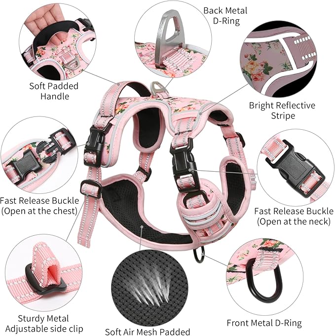 Timos No Pull Dog Harness, Release at Neck Reflective 3 Snap Buckles Adjustable No Choke Pet Vest with Front & Back 2 Leash Clips, Soft Padded Control Training Handle for Small Medium Large Dogs