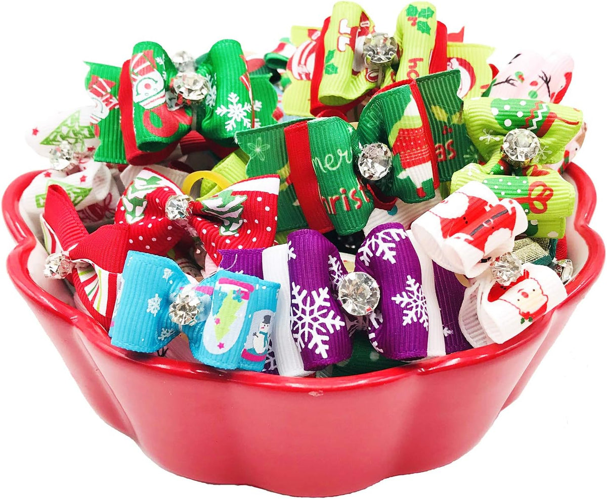 PET SHOW 20pcs Halloween Small Dog Hair Bows with Rubber Bands - 20pcs Christmas - image 2