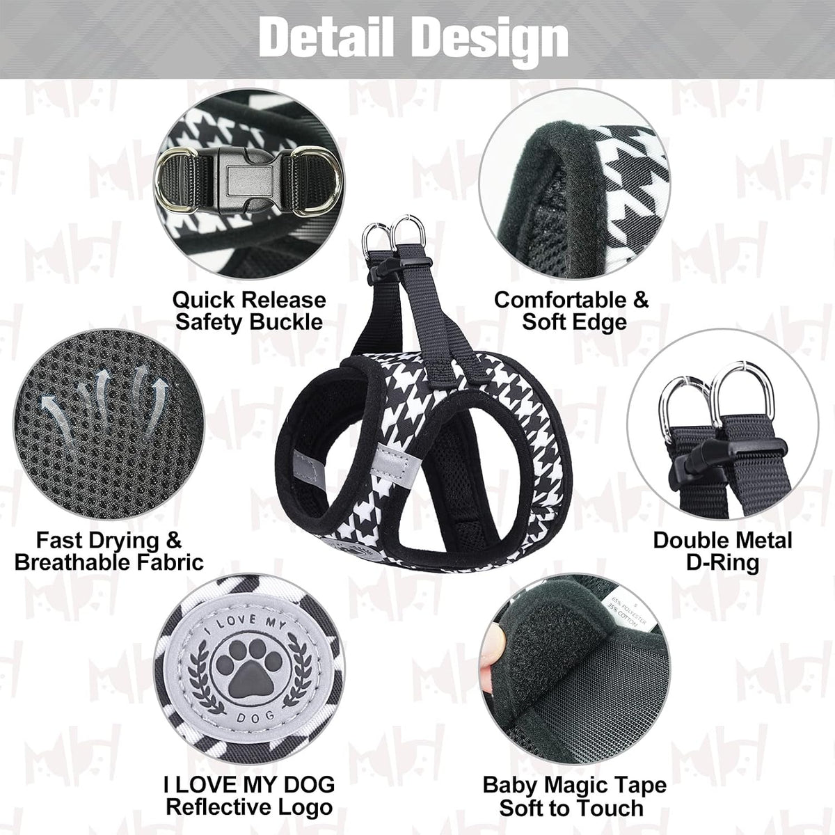 Small Dog Harness and Leash Set, No Pull Puppy Pet Vest, S - XX-Small(Chest Girth 11.5"-13") / Houndstooth(Black) - image 2
