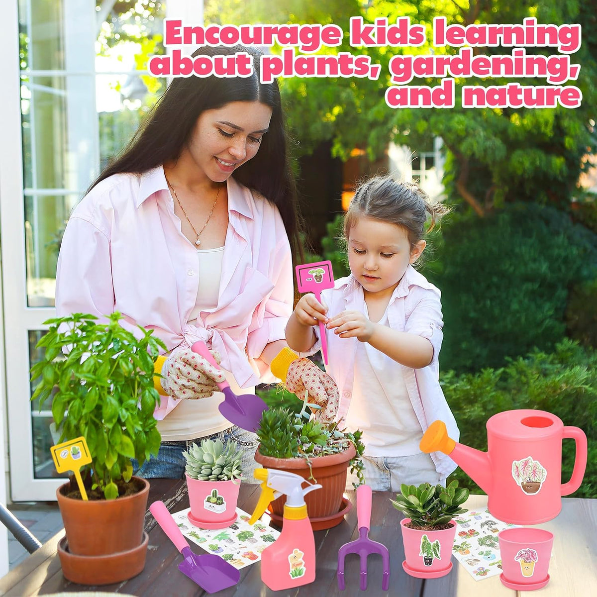CUTE STONE kids gardening set with metal rake, trowel and pink tote bag - view 4