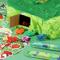 Hanaive green dinosaur piñata set with blindfold, baton, rings, slap bracelets and stickers - view 3