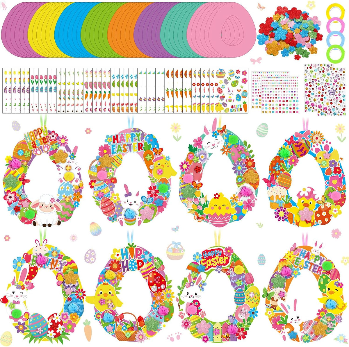 Hollowfly Thanksgiving paper wreath craft kits with gem stickers, ribbons and wool balls - view 7