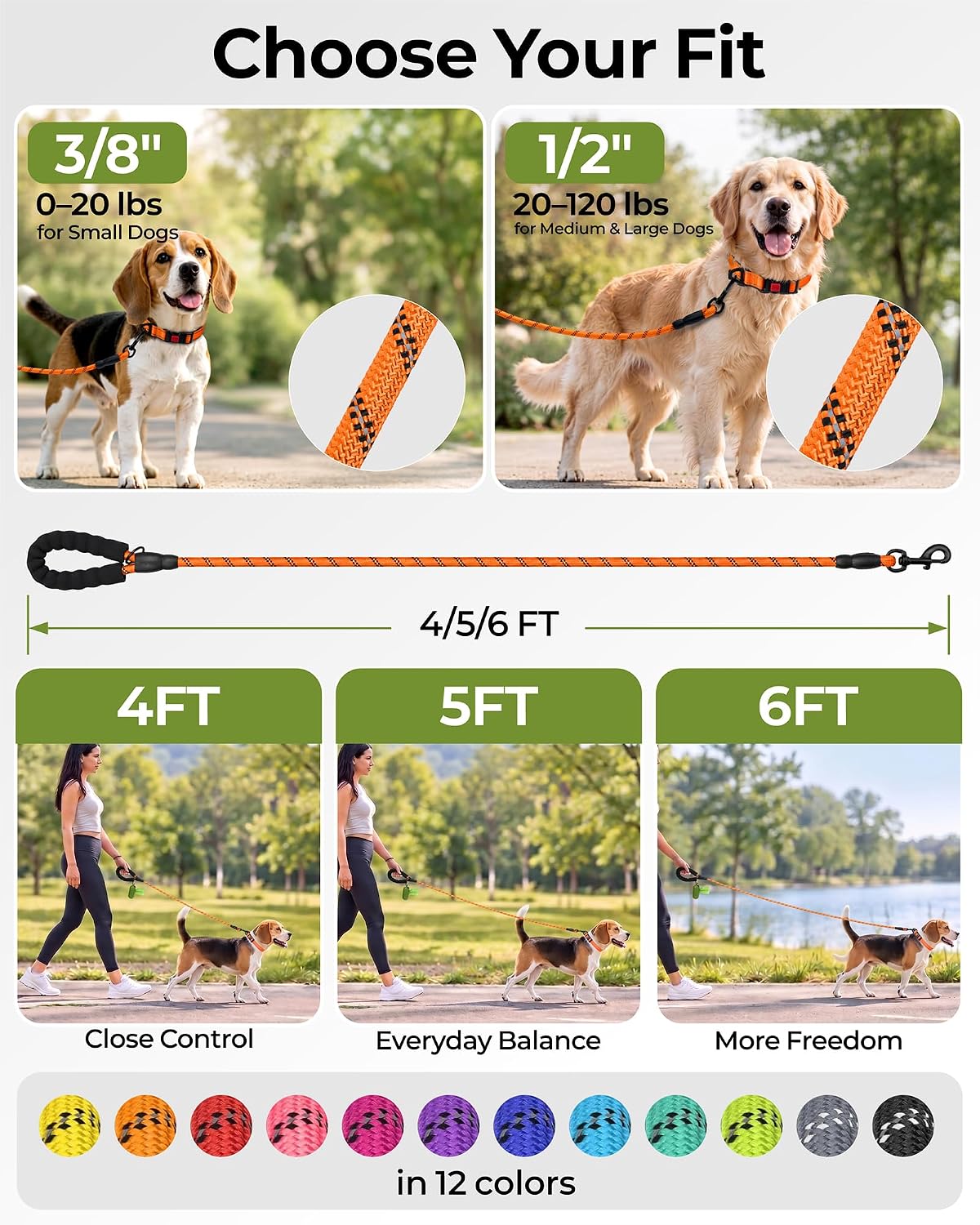 Taglory Rope Dog Leash for Medium Large Dogs - 3/8" x 5 FT (0~20 lbs.) / Orange - image 3