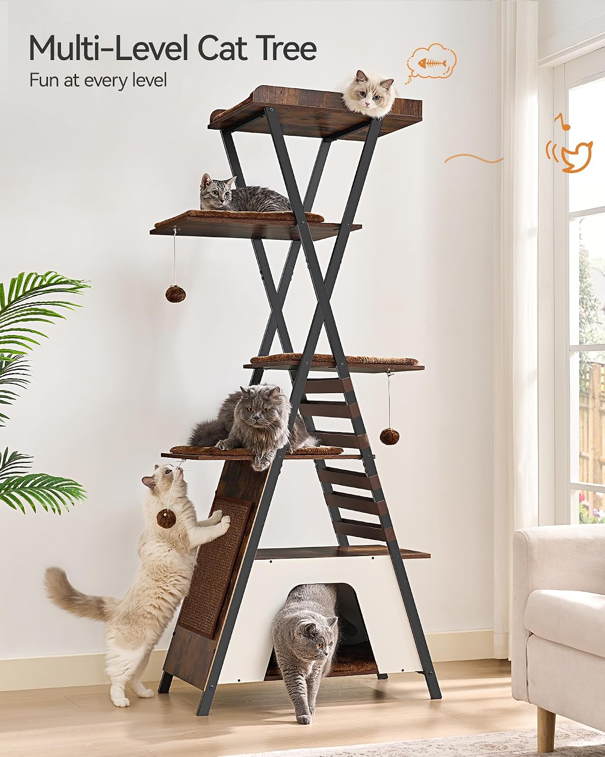 72.4" Modern Cat Tree for Indoor Cats, Multi-Level Cat Condo – Essentials for Cats - Rustic Brown - image 2