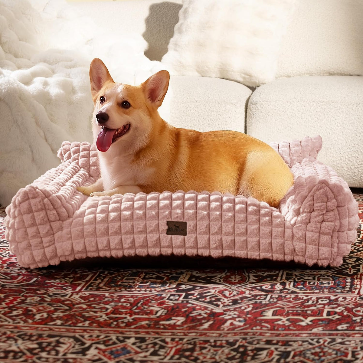 Cat Couch Bed with Fluffy Faux Rabbit Fur for Indoor Cats - Pink / Large: 36"L x 27"W x 10"Th