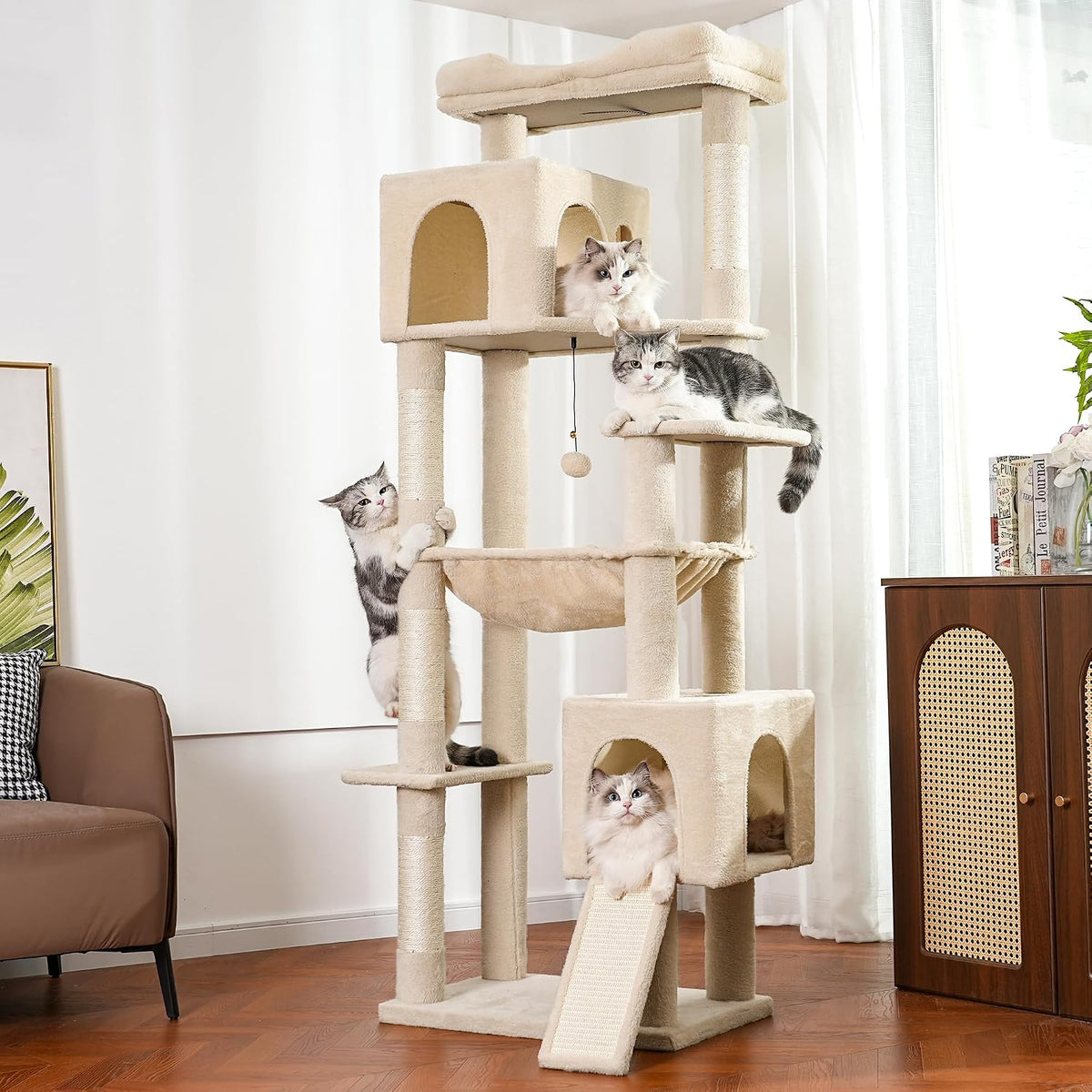 Cat Tree 32” Small Cat Tower with Large Hammock 16”& Self Groomer – Essentials for Cats - XXL-70" / Beige