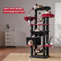 Gothic Cat Tree, Cat Tower for Large Cats with 2 Big Platforms, 2 Baskets, condo and Toys, 63" Cat Scratching Posts for Indoor Cats, Black and red GCT020BR