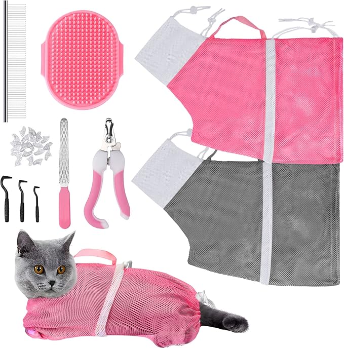 JULMELON Cat Washing Bag 10 PCS Set, Adjustable Cat Shower Net Bag and Pet Grooming Brush with Nail Clipper Nail File Hair Combs Tick Tool Nail Caps for Bathing Nail Trimming Examination(Pink+Grey)