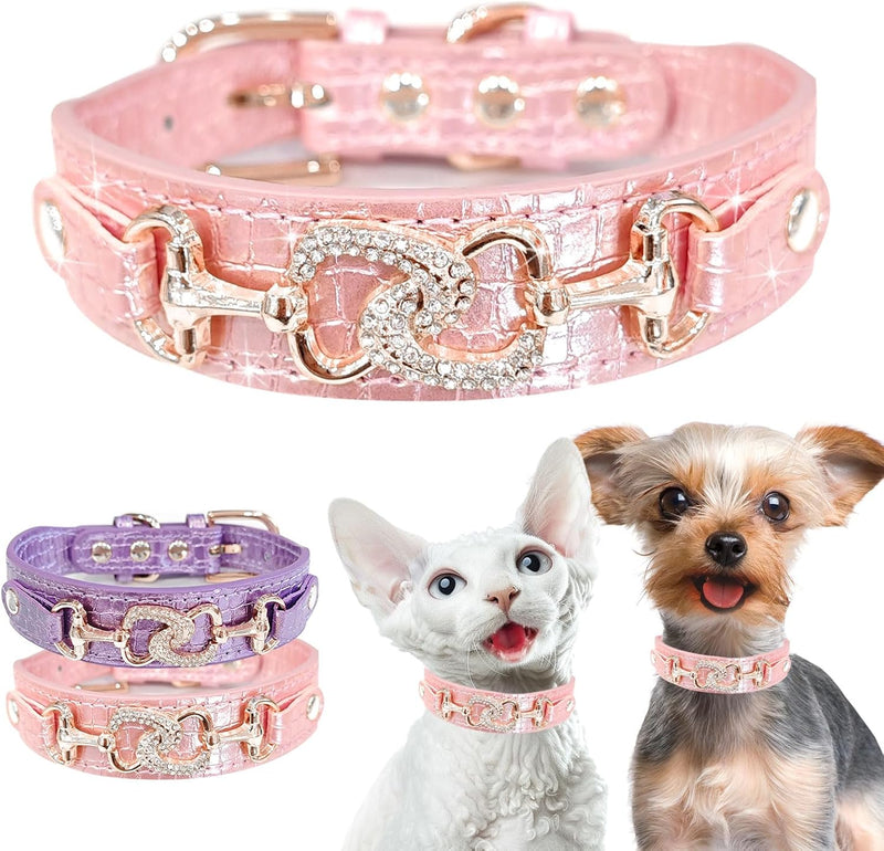 Luxury Crystal Heart Dog Collar – Pink & Purple Croc Texture-Pet Collars & Leashes-BIG FRENCHIES-Jane's Pet Boutique