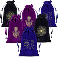 Wesnoy six fabric drawstring tarot card bags in mixed colors with Hamsa hand and moon prints
