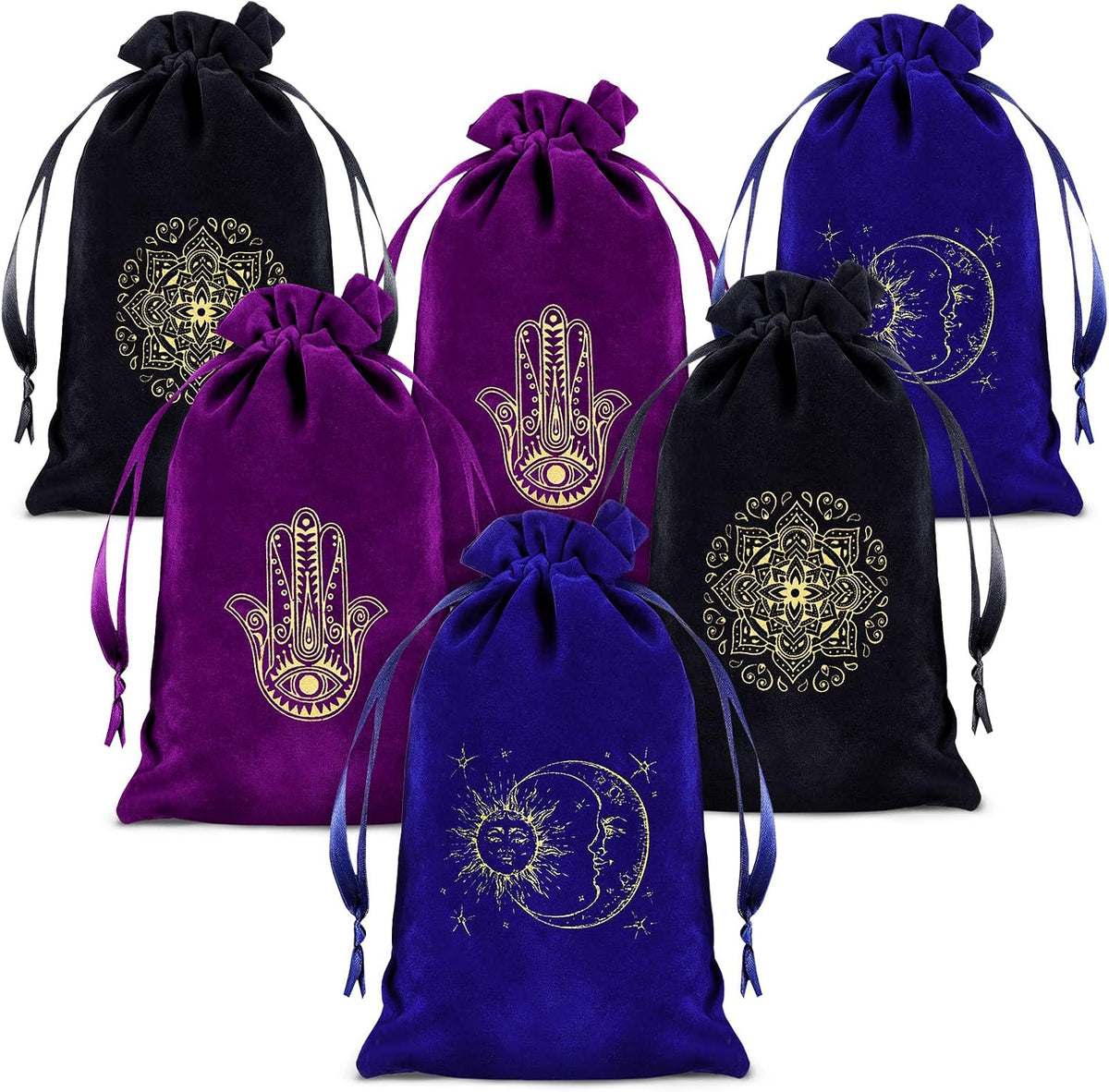 Wesnoy six fabric drawstring tarot card bags in mixed colors with Hamsa hand and moon prints