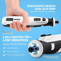 Diamondg Cordless Dog Nail Grinder with Quiet Sound & LED Tip for Large & Small Dogs, 4hrs. Runtime, 2 Bits Included, White
