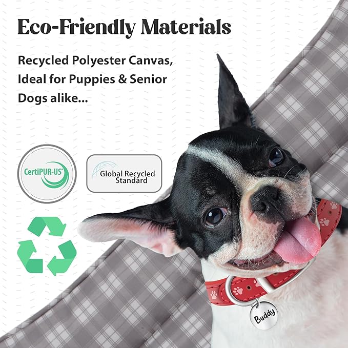 Orthopedic Bolster Dog Bed – CertiPUR-US Foam, Recycled Polyester Canvas, Washable Cover, Anti-Slip Bottom, Small, Pink Check – Stylish Designer Dog Sofa
