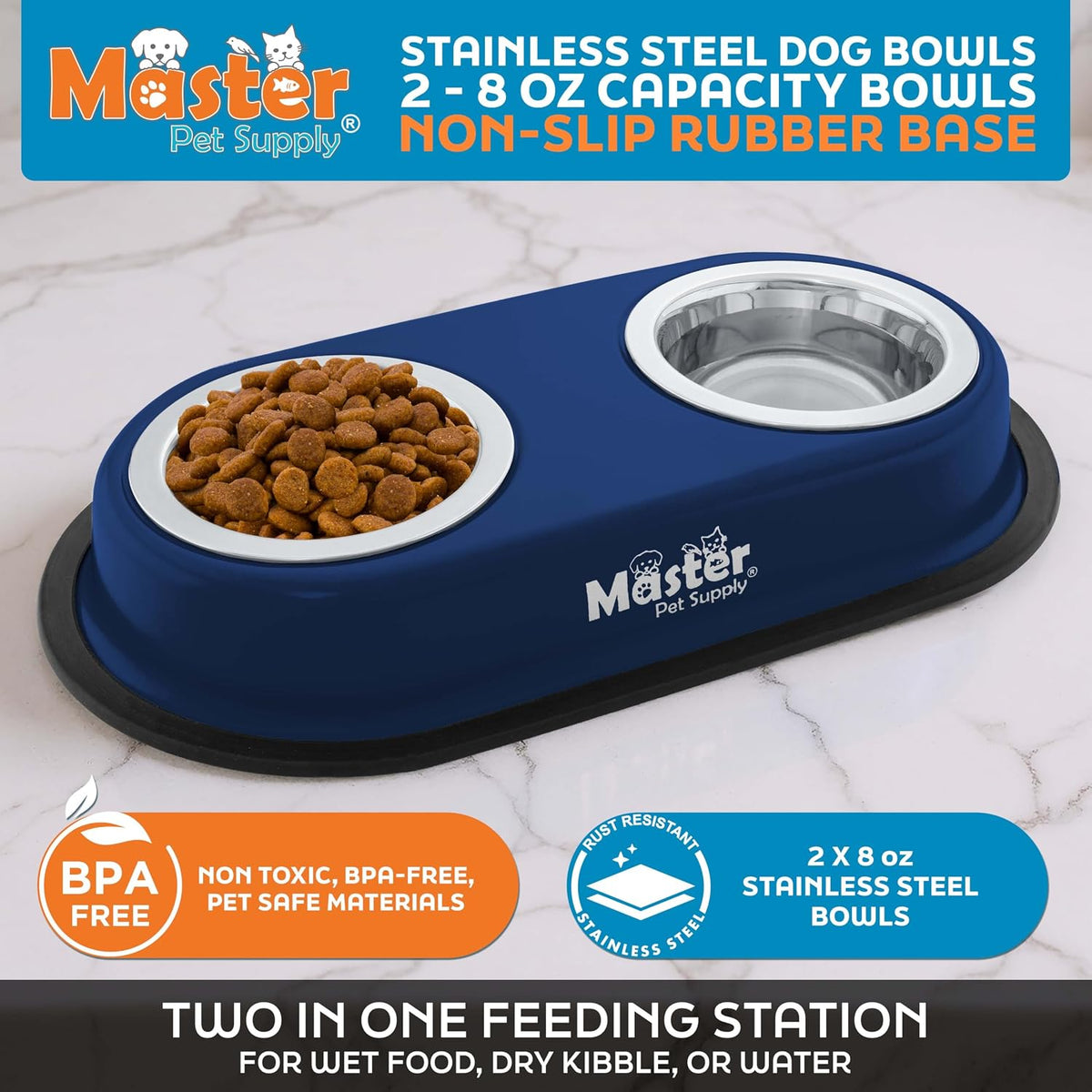 Master Pet Supply Double Dog Bowls Set with Elevated Base Black Velvet – Essentials for Dogs - Navy Blue - image 2
