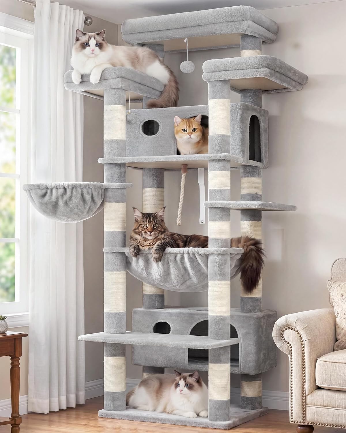 Cat Tree, 74" Tower for Large Cats, Big Condo & Hammock GCT030G – Essentials for Cats - 74 inch / Light gray