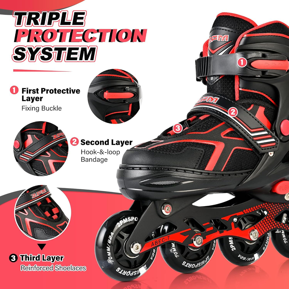 2PM SPORTS Adjustable Inline Skates for Kids, Youth and Adults – Fun for Kids & Family - B Red / Medium - Big Kid (13C-4 US) - image 3