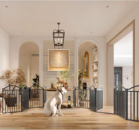 BHG Metal No-Assembly Freestanding Dog Gate with Door Walk Through, Extra Wide 96", Extra Tall 32" Pet Gate, Accordion Puppy Folding Playpen Dog Fence for Indoor & Outdoor, with 2PCS Support - Black
