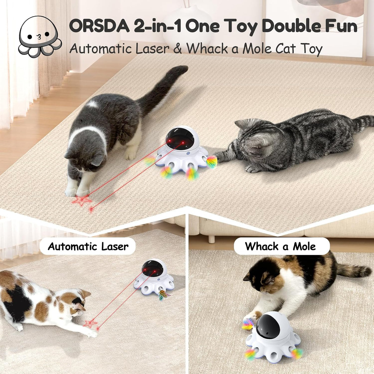 ORSDA Cat Laser Toy, 2-in-1 Interactive Automatic Motion Activated Moving 8 Holes Whack A Mole - Periwinkle (1 Count) - image 2