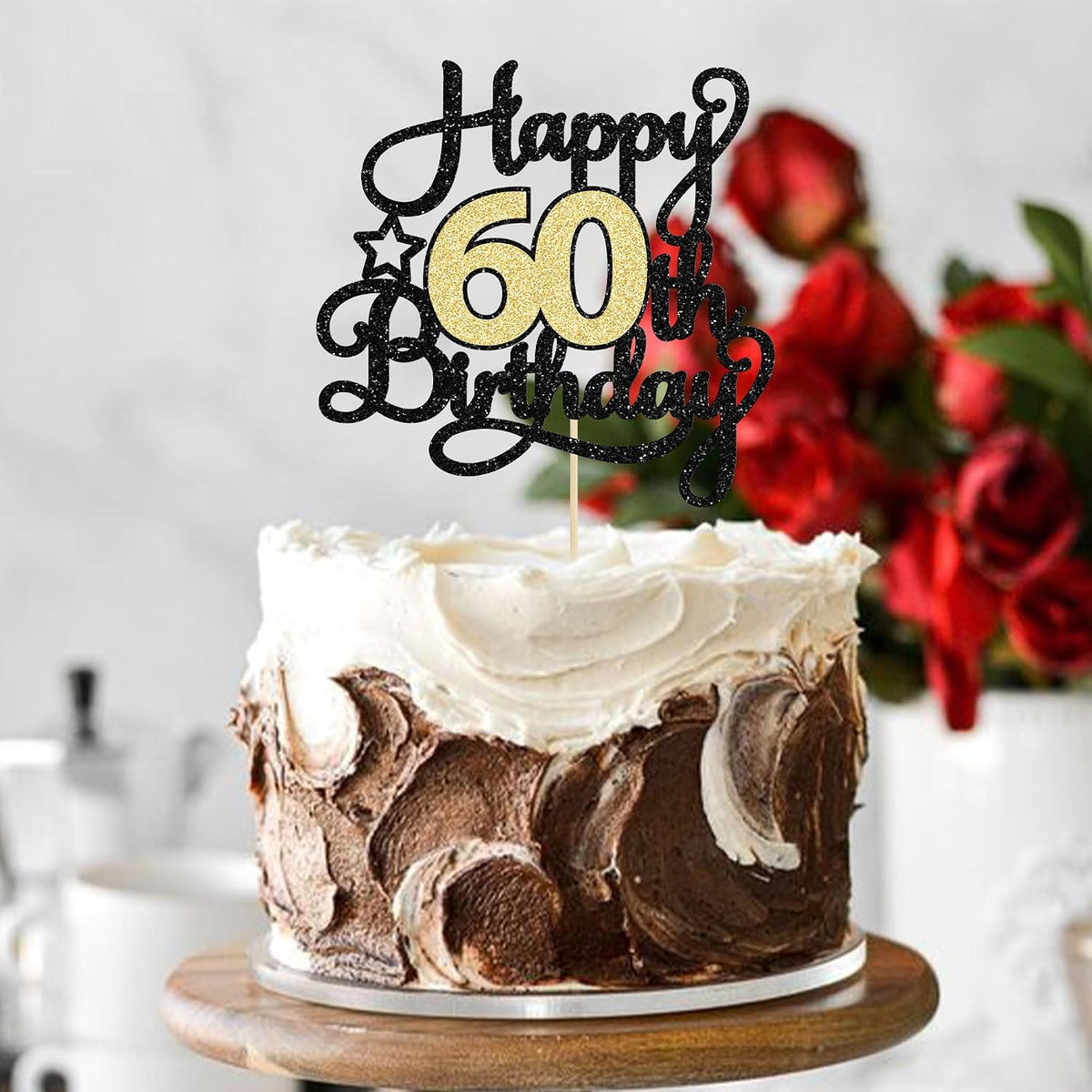 1Pc Happy 80th Birthday Cake Topper Black Gold Glitter Cheers to 80 - 60th - image 4