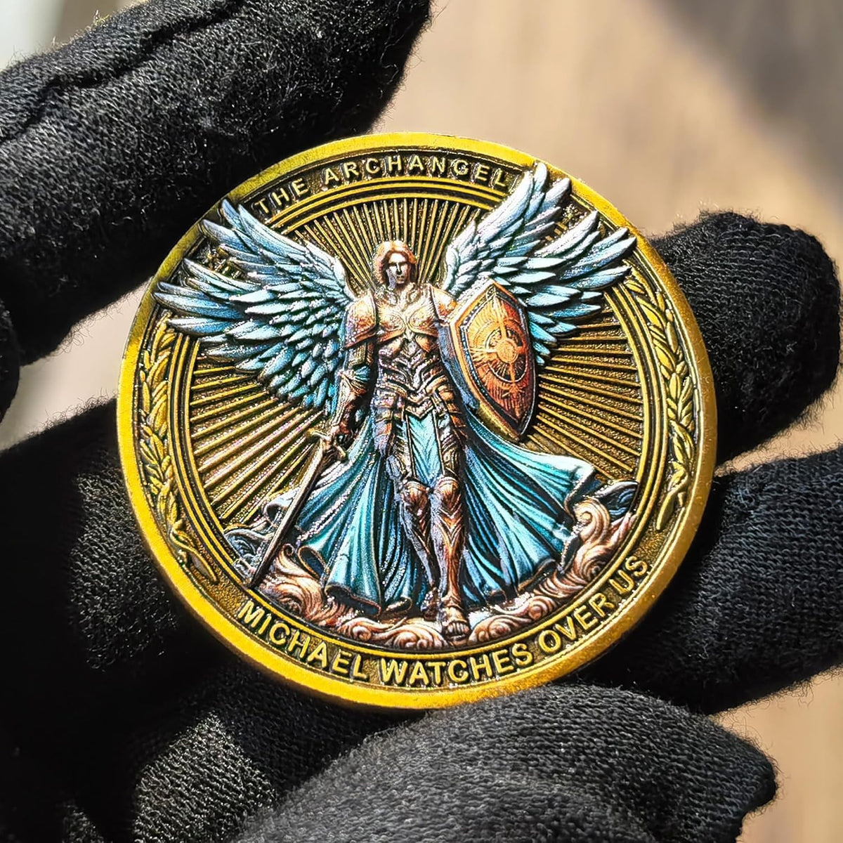 Archangel Michael challenge coin with Psalm 91:10-11 inscription in a clear case - view 4