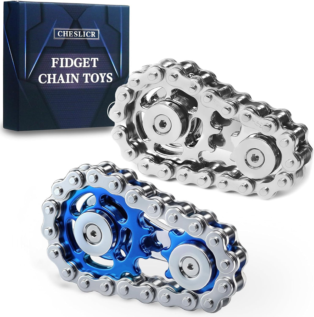 Fidget Spinner Toy for Adults Metal Figette Bike Chain for Adult Men - Blue+silver