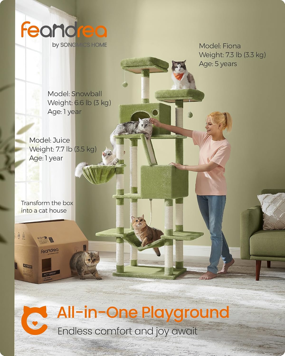 Feandrea Cat Tree, Multi-Level Condo - Green / XXL (23.6"L x 19.7"W x 81.1"H) - image 3