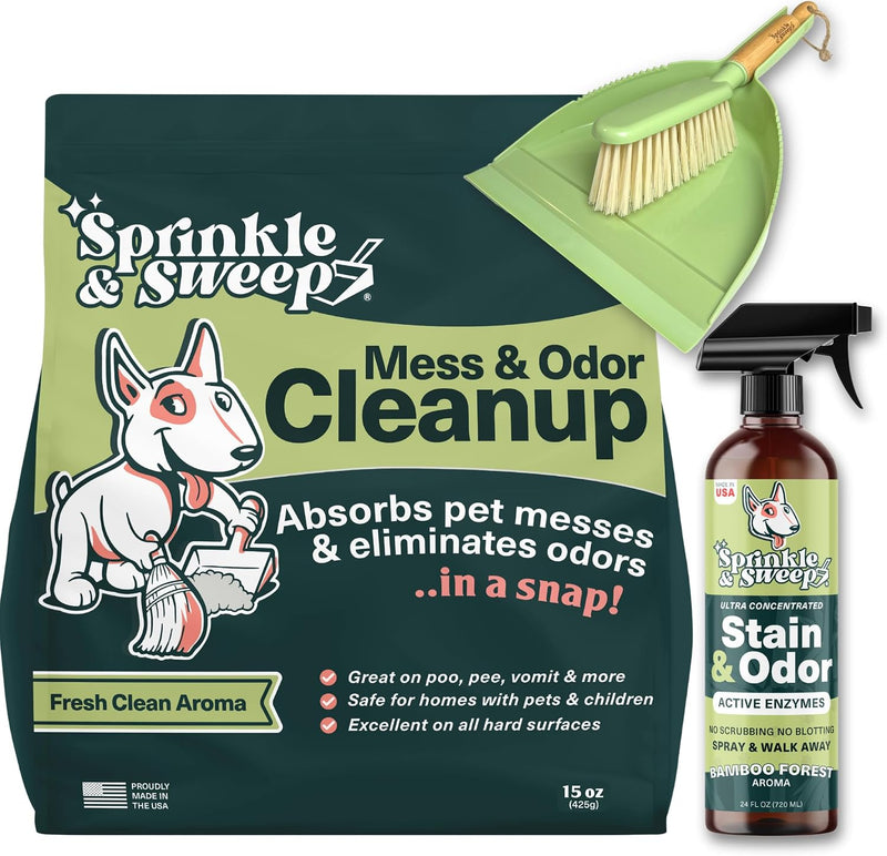Sprinkle & Sweep: Pet Mess & Odor Cleanup - 1 Bag + Sweeper Kit + Spray