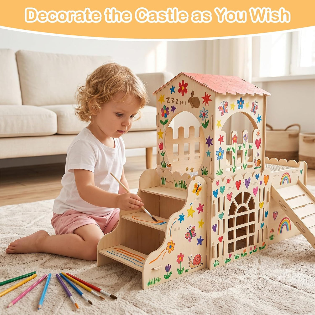 Large Rabbit House, Wooden Bunny Castle with 3 Houses Indoor - 3 Houses 2stairs & 2mats - image 2