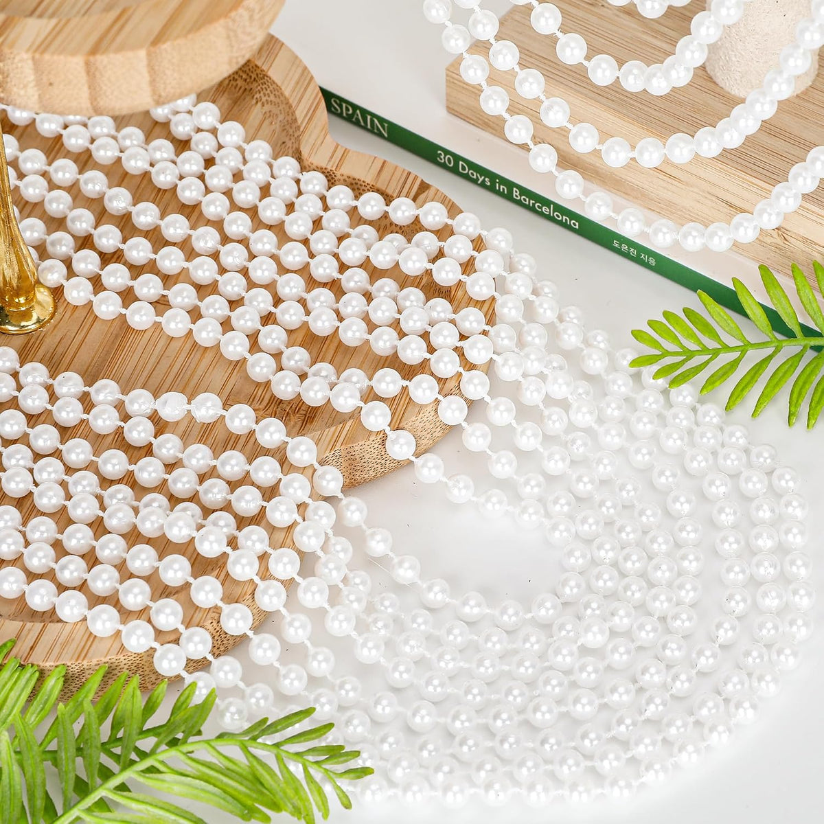 100PCS Bead Necklace, Gold Mardi Gras Beads Party Stuff - Pearl White - image 3