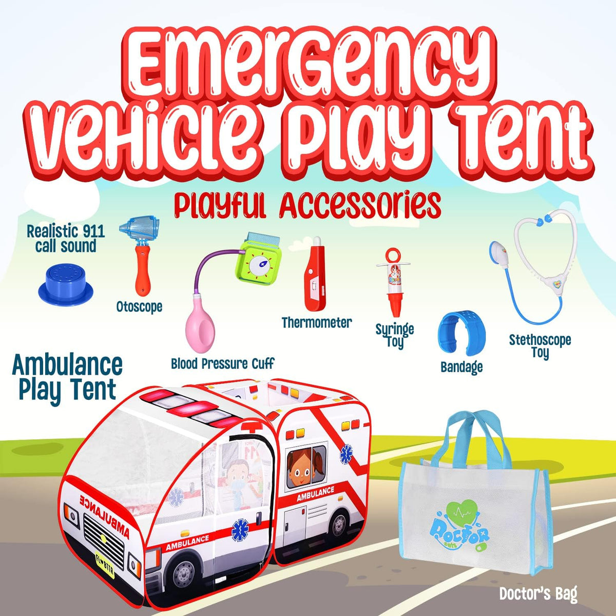 Kiddzery ambulance pop-up play tent for kids with doctor kit and mesh windows - view 3