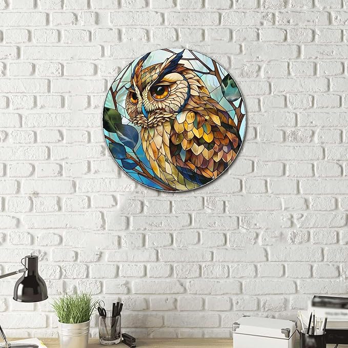 Lygond Metal Sign Tin Sign Circular Stained Glass Owl Vintage Metal Sign for Pet 8×8 Inches