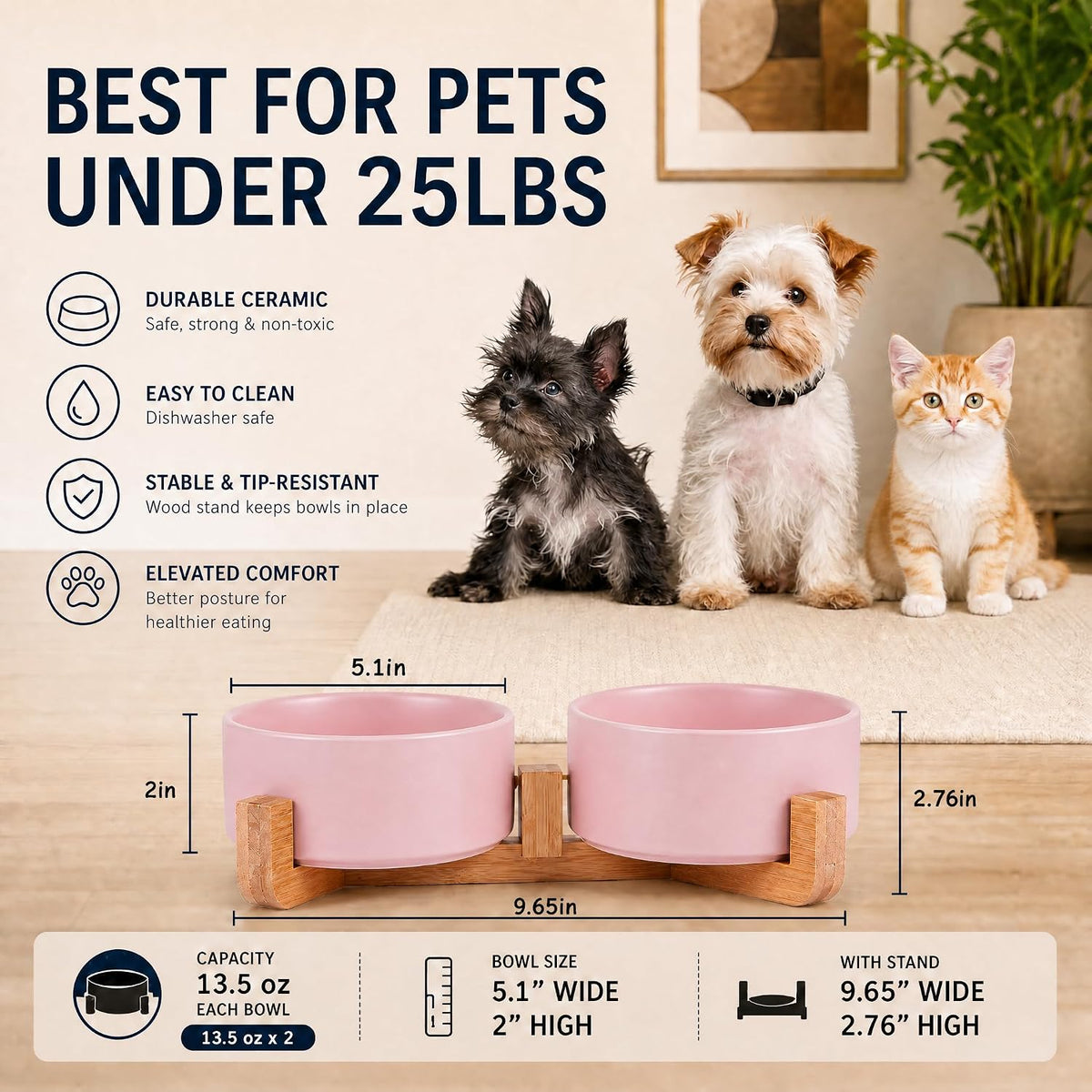Ceramic Cat Dog Bowl Set with Stand - Pink / 400ML*2 - image 3
