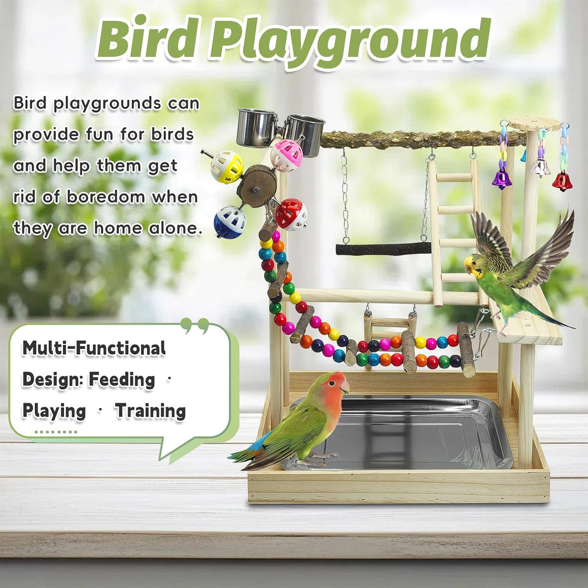 PINVNBY Bird Playground Parrot Playstand Birds Play Stand Wood - Two Floors With Bell Platform - image 2