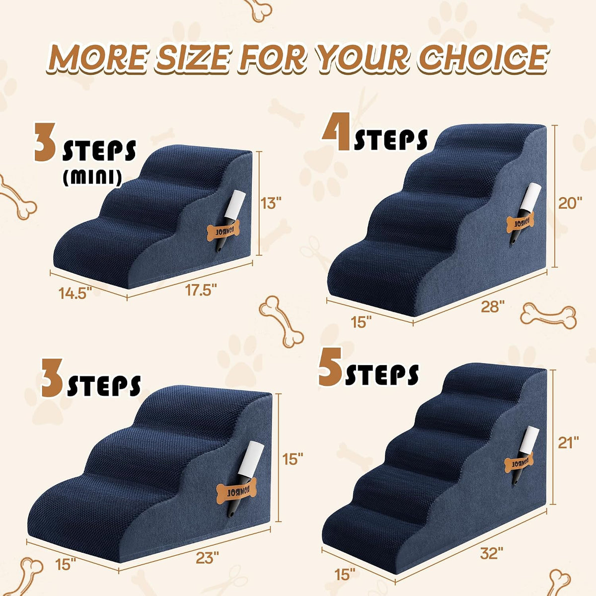 Dog Stairs Ramp for High Bed - 3 Step-15.7"H / Fleece-Navy - image 2