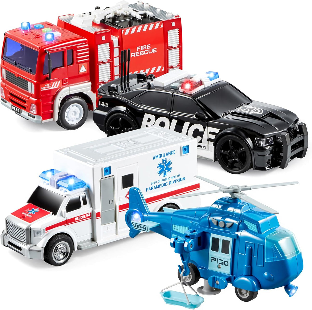 JOYIN 4 Packs Emergency Vehicle Toy Playsets - Emergency Vehicle Toy Set