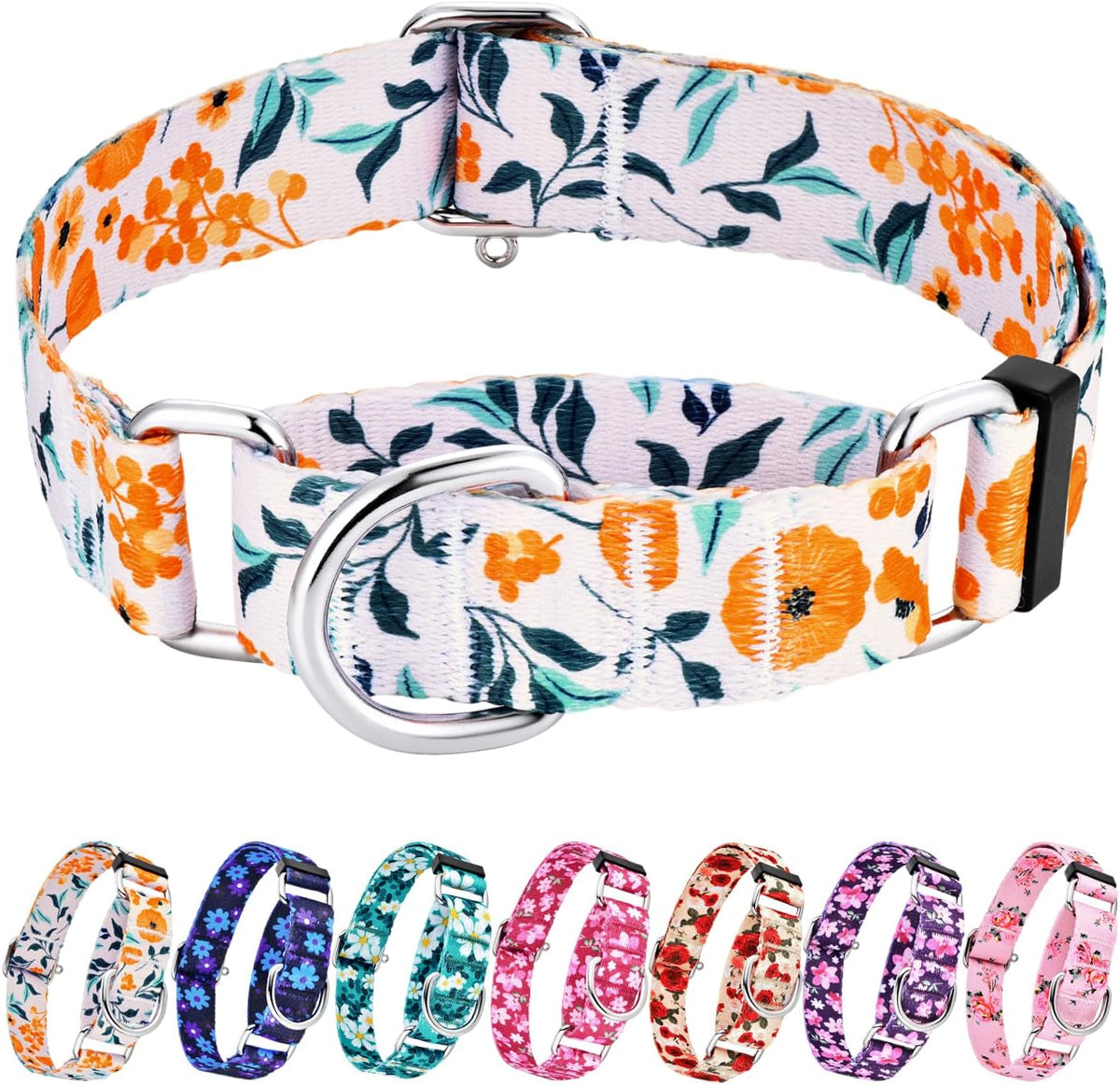 Hikiko Martingale Dog Collar Without Buckle - Retro Orange Flower / Large